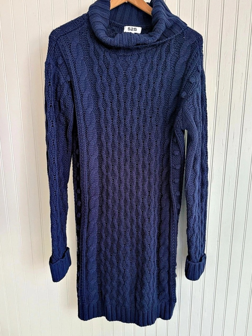 525 America Cable Knit Cowl Neck Navy Sweater Dress Size Small